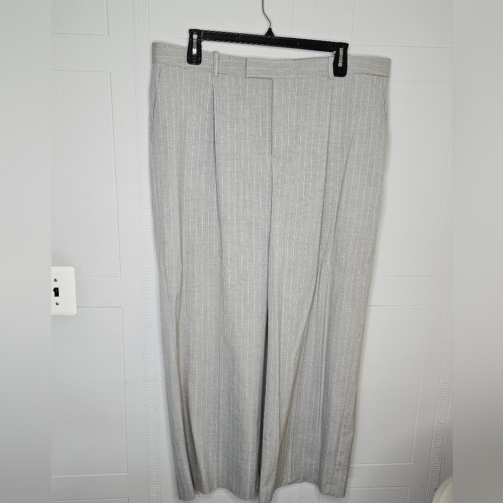 Mango MNG Gray White Pinstripe High Rise Wide Leg Pleated Trouser Womens Plus 18